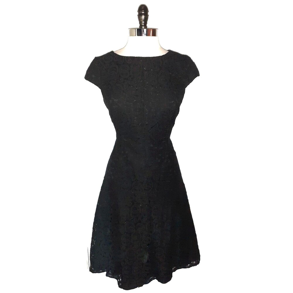 ANNE KLEIN Size 10 A-Line Dress Black Lace Cap Sleeve Knee Length